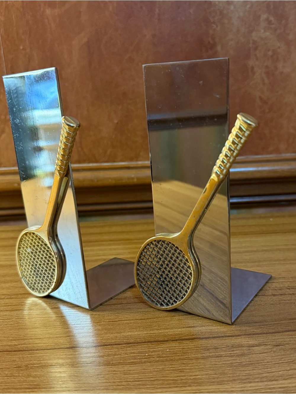 Vintage Mid-Century Brass & Chrome Tennis Racket Bookends - Pair
